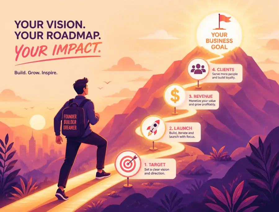 Illustration of a founder climbing a glowing roadmap toward a business goal
